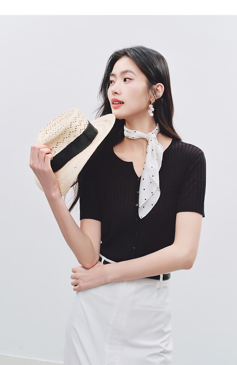 Yixiang Liying Solid Color Short Sleeve Linen Knitwear Women's New Soft Skin-Friendly Shoulder Fitting Top Milk Almond Beige L 44