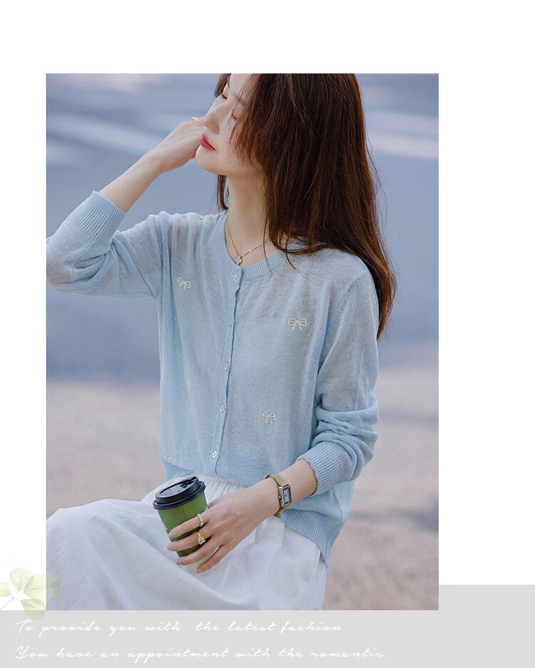 Awakening Paradise 26 Summer Fashion Elegant Sweet Bowknot Versatile Top Round Neck Long Sleeve Knit Cardigan Blue One Size 9