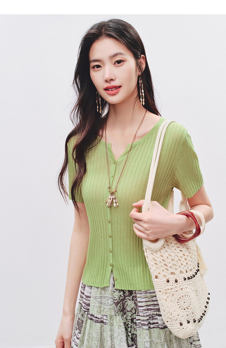 Yixiang Liying Solid Color Short Sleeve Linen Knitwear Women's New Soft Skin-Friendly Shoulder Fitting Top Milk Almond Beige L 33