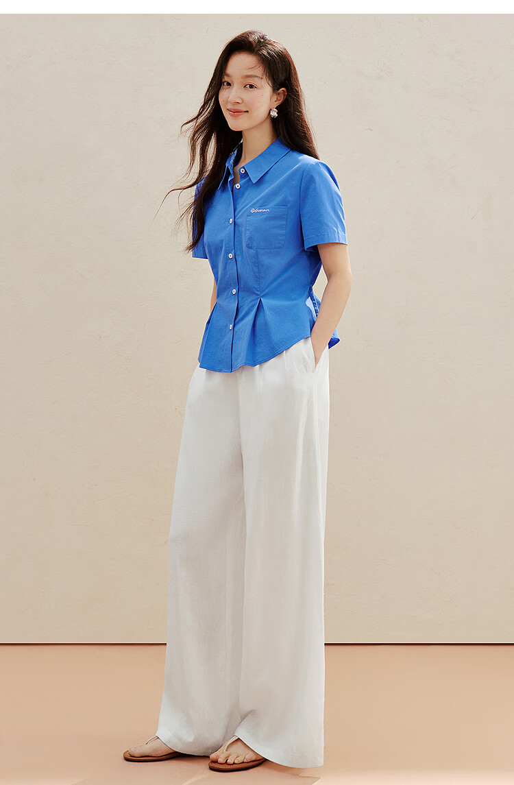 INMAN 100% Xinjiang Cotton Simple Tie-Waist Short Sleeve Shirt 2026 Summer New Embroidered Top White S 25