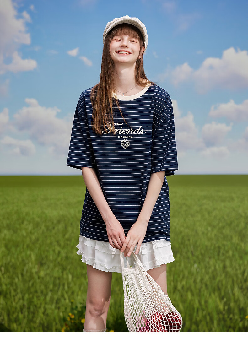 TonLion 2026 Summer New Women's Short Sleeve T-Shirt Loose Casual Striped Top Navy Blue Stylish Premium Feel 10
