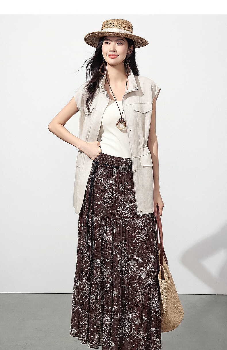 Yixiang Liying Coffee Color Floral Print Women's Skirt 2026 Summer Vacation Style Mesh A-line Skirt Vintage Coffee 155/58A/S 35