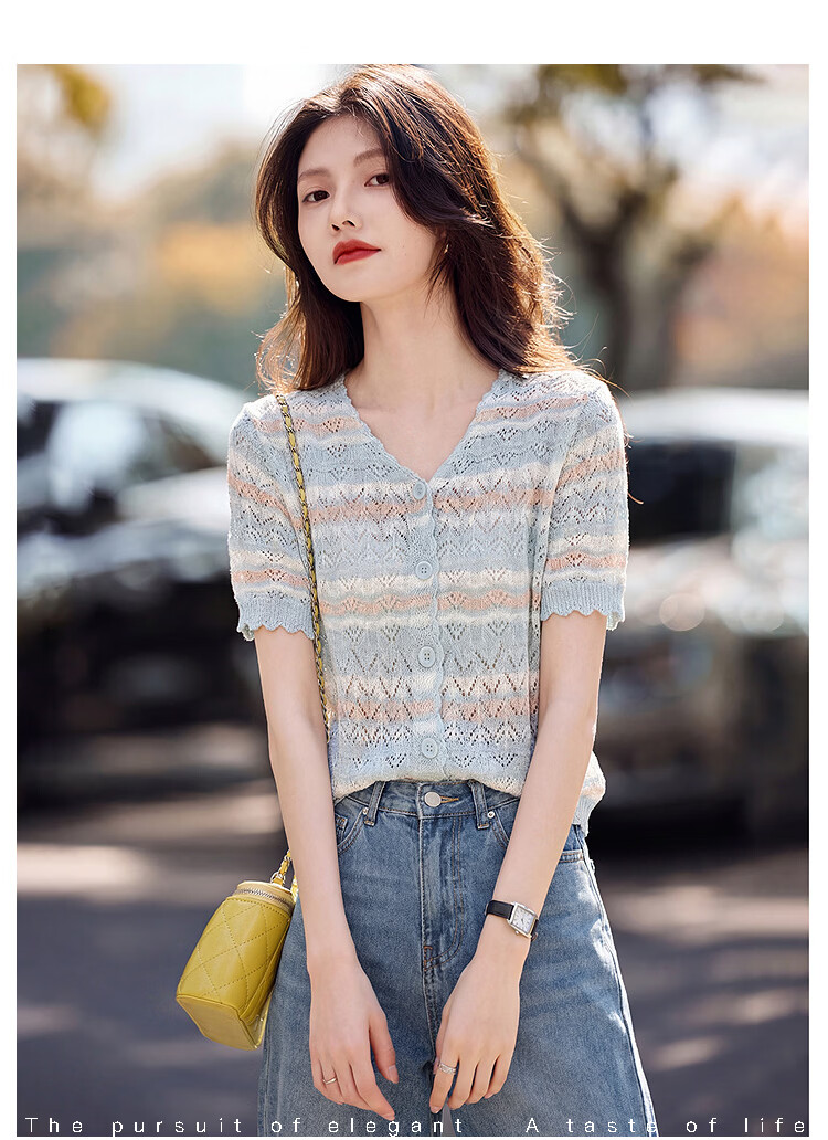 Awakening Paradise 26 Spring Summer Colorblock Versatile Petite Top Elegant Striped Short Sleeve Knit Cardigan Blue One Size 12