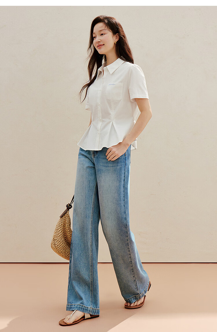 INMAN 100% Xinjiang Cotton Simple Tie-Waist Short Sleeve Shirt 2026 Summer New Embroidered Top White S 20