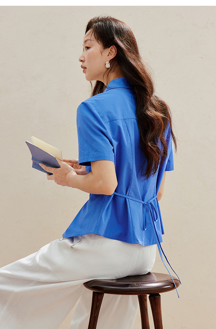 INMAN 100% Xinjiang Cotton Simple Tie-Waist Short Sleeve Shirt 2026 Summer New Embroidered Top White S 27