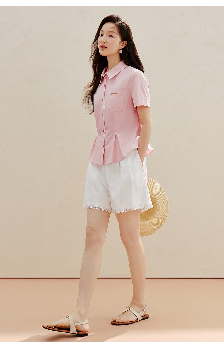 INMAN 100% Xinjiang Cotton Simple Tie-Waist Short Sleeve Shirt 2026 Summer New Embroidered Top White S 15