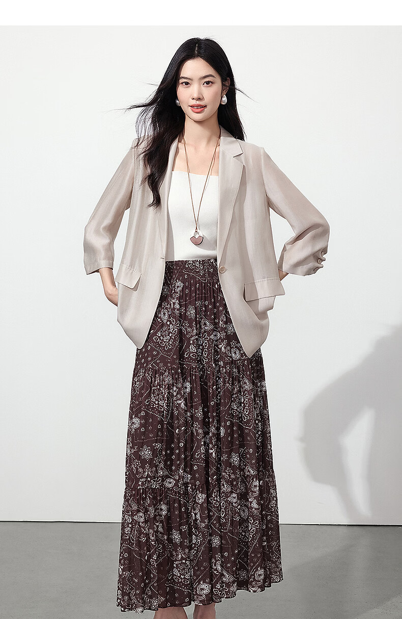 Yixiang Liying Coffee Color Floral Print Women's Skirt 2026 Summer Vacation Style Mesh A-line Skirt Vintage Coffee 155/58A/S 20