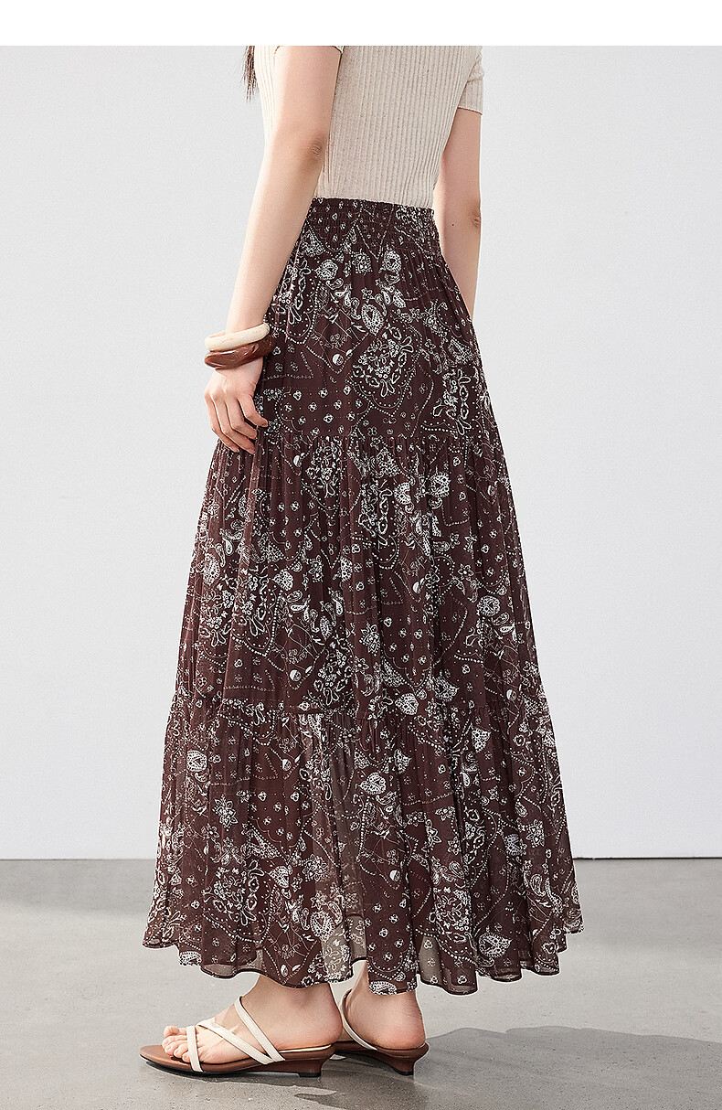 Yixiang Liying Coffee Color Floral Print Women's Skirt 2026 Summer Vacation Style Mesh A-line Skirt Vintage Coffee 155/58A/S 31