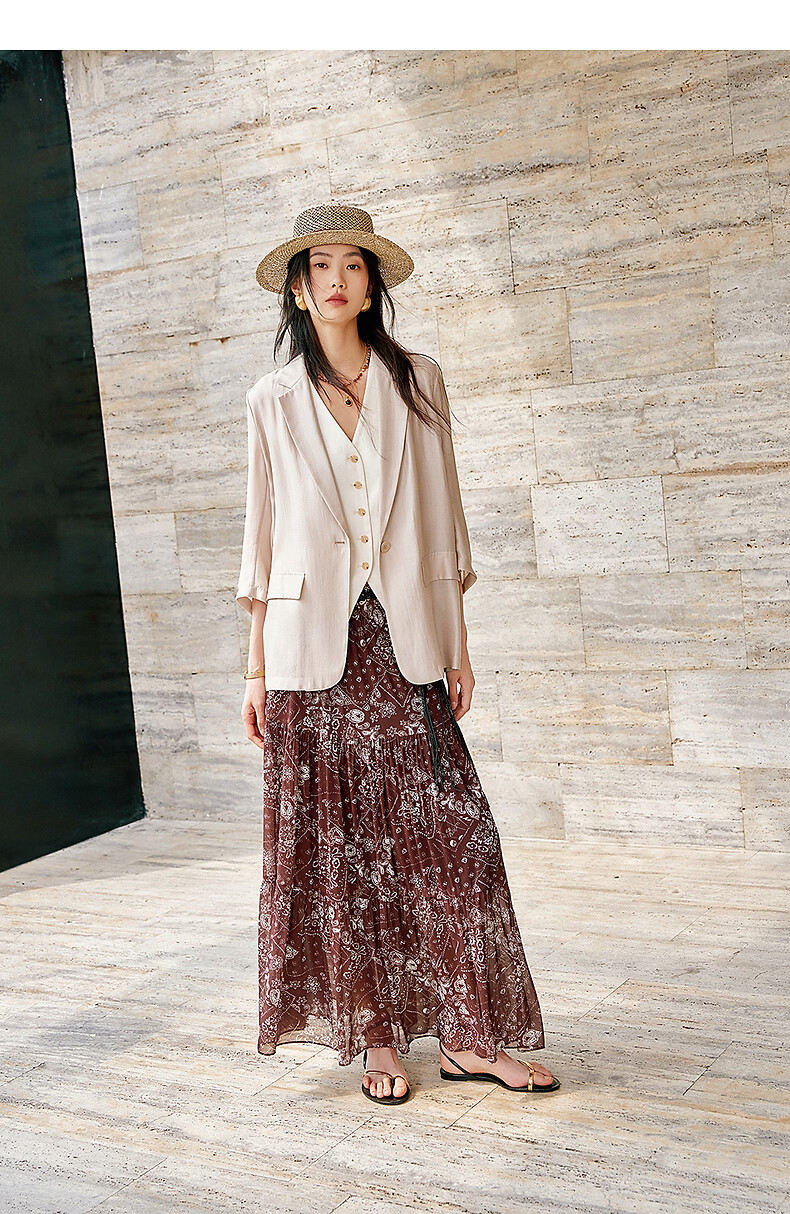 Yixiang Liying Coffee Color Floral Print Women's Skirt 2026 Summer Vacation Style Mesh A-line Skirt Vintage Coffee 155/58A/S 18