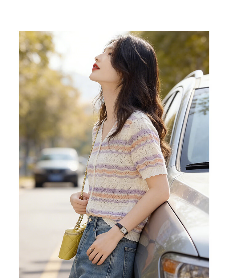 Awakening Paradise 26 Spring Summer Colorblock Versatile Petite Top Elegant Striped Short Sleeve Knit Cardigan Blue One Size 11