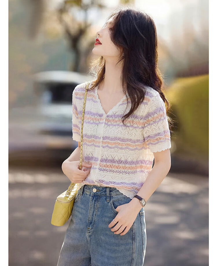 Awakening Paradise 26 Spring Summer Colorblock Versatile Petite Top Elegant Striped Short Sleeve Knit Cardigan Blue One Size 1