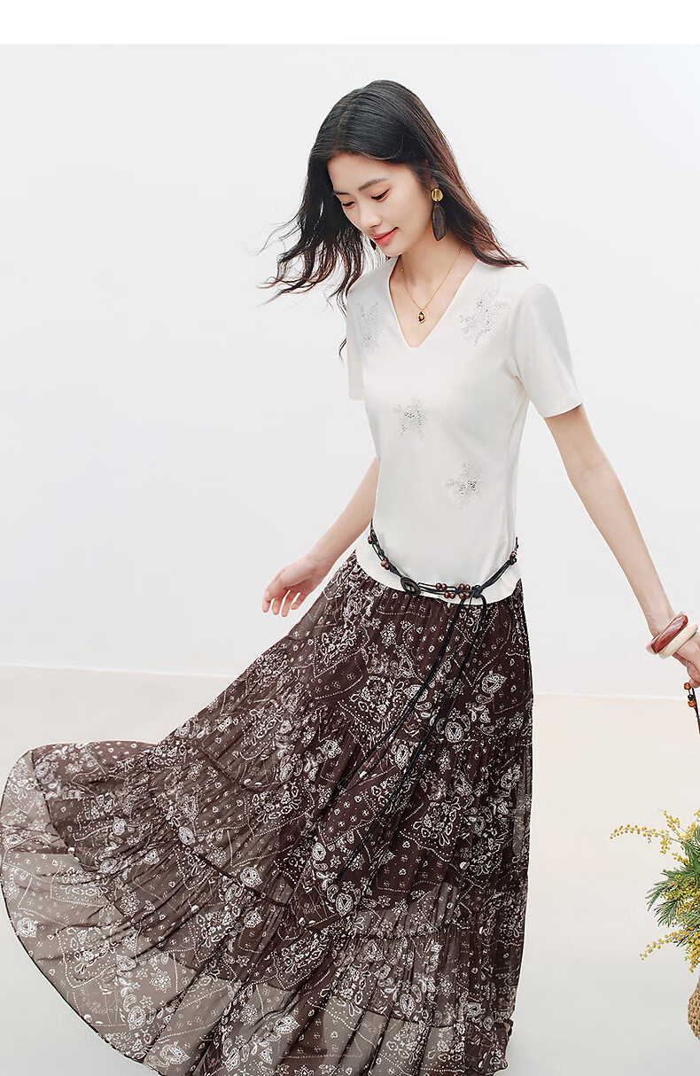 Yixiang Liying Coffee Color Floral Print Women's Skirt 2026 Summer Vacation Style Mesh A-line Skirt Vintage Coffee 155/58A/S 25