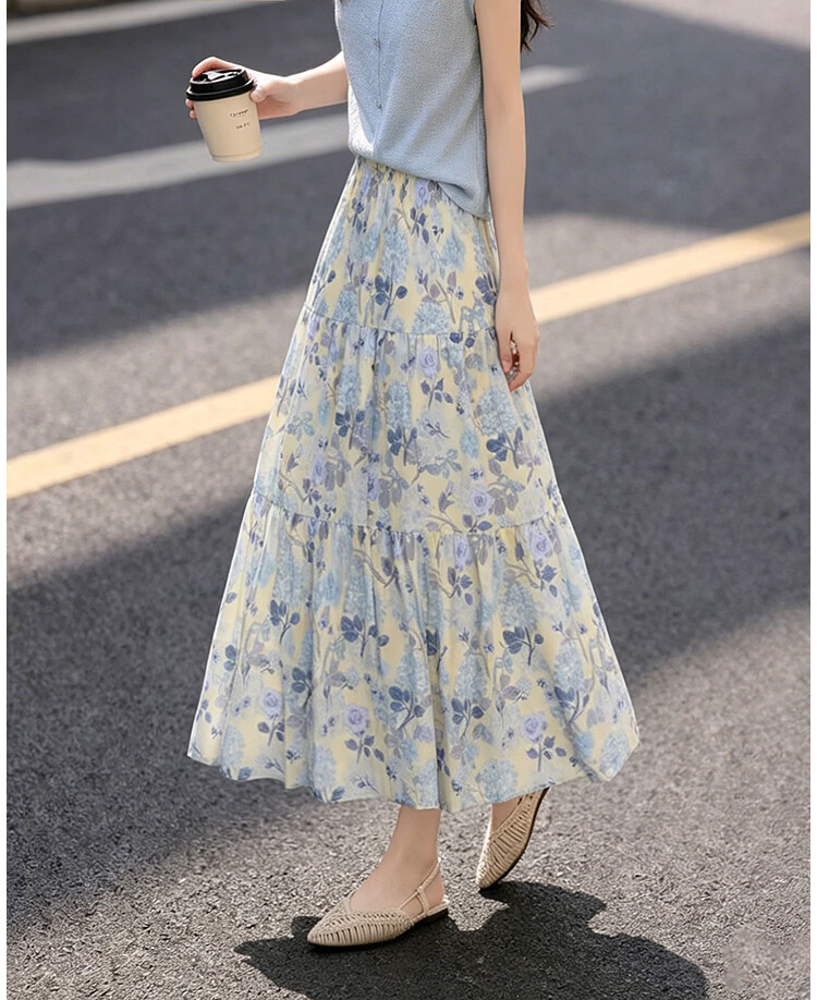 Awakening Paradise 26 Summer Fashion Retro High-Waist Floral Midi Skirt Vacation Style Elegant Long Skirt Blue One Size 1