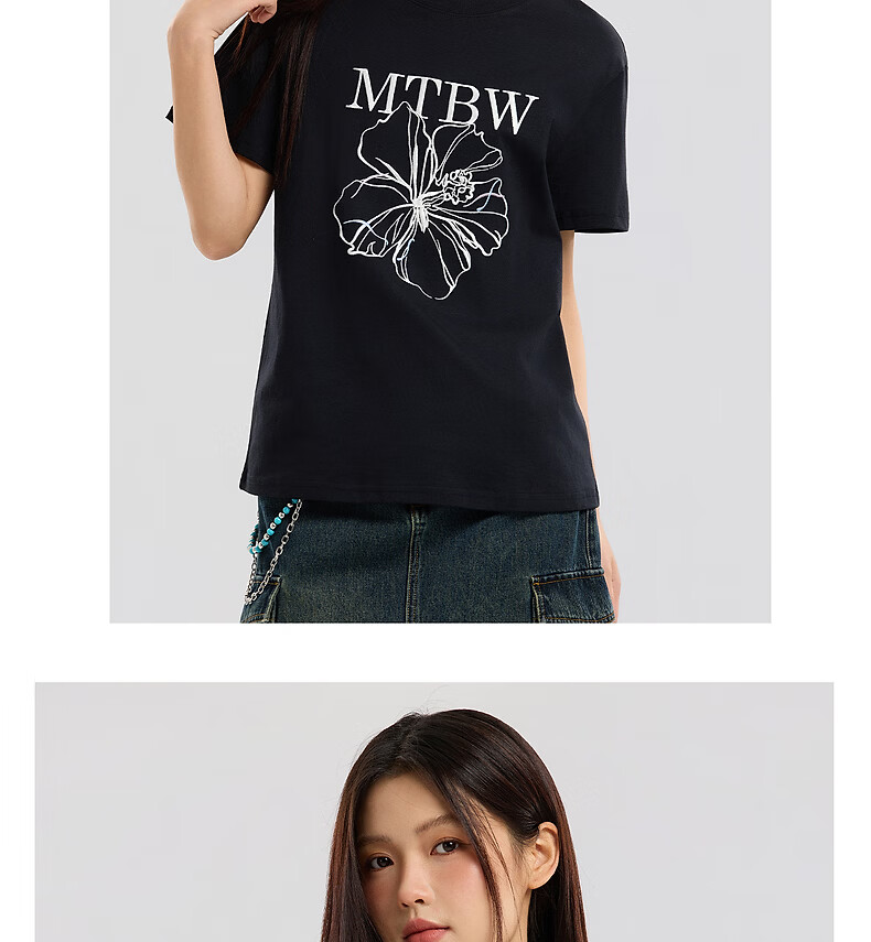 Metersbonwe Women's Short Sleeve T-Shirt Summer New Floral Embroidery Slim Fit Versatile Skin-Friendly T-Shirt Snow White S155/80A 21