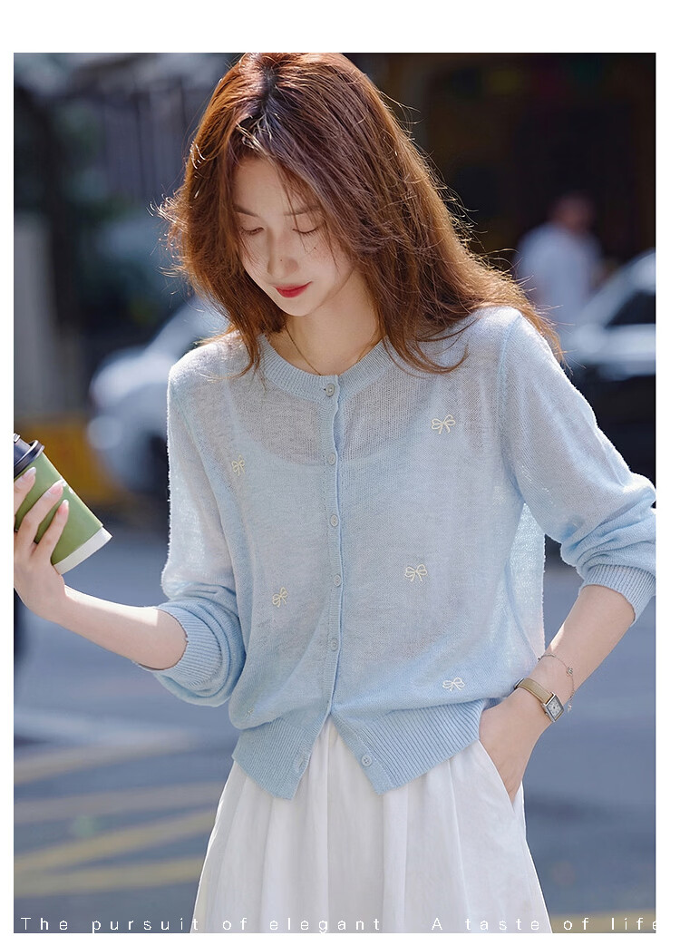 Awakening Paradise 26 Summer Fashion Elegant Sweet Bowknot Versatile Top Round Neck Long Sleeve Knit Cardigan Blue One Size 6