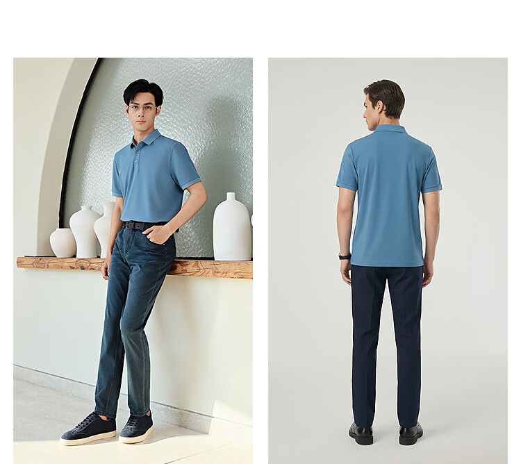 YOUNGOR Short Sleeve Polo Shirt Business Casual Solid Color Machine Washable Mulberry Silk Linen Lapel Light Purple 513144 XL 26