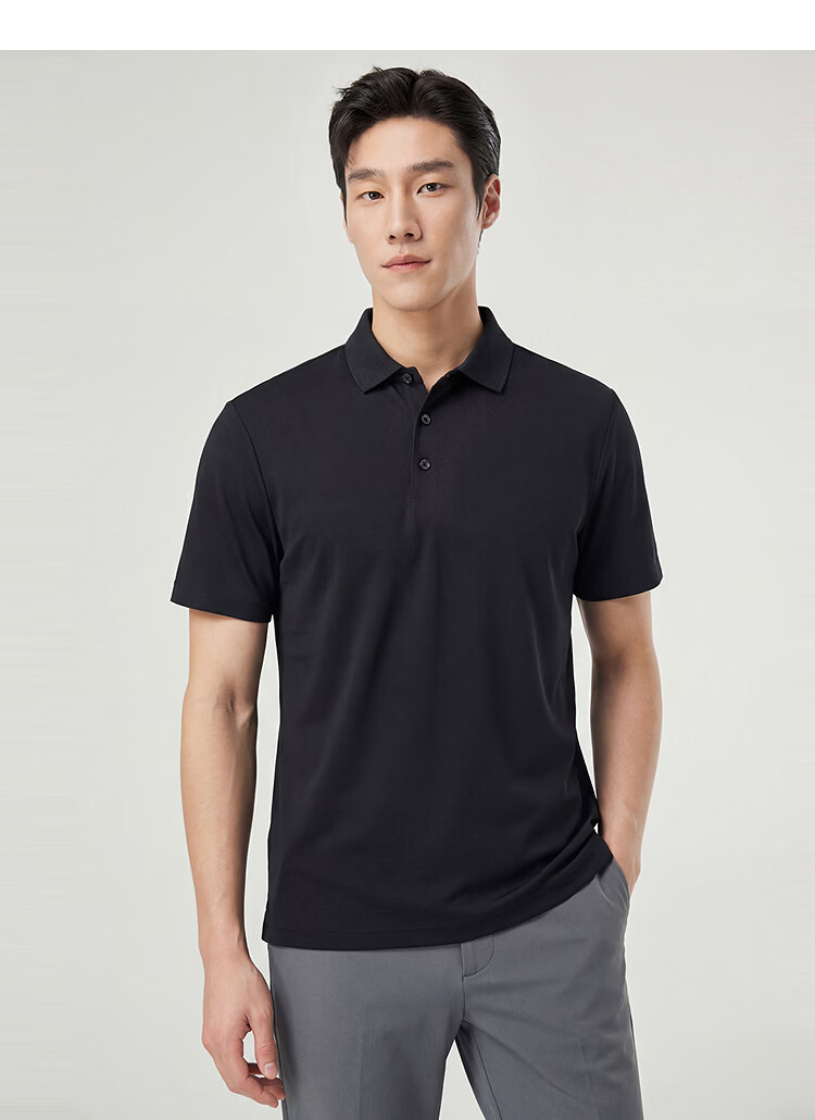 YOUNGOR 【Binba + Machine Washable Mulberry Silk】Summer Men's Short Sleeve Polo Business Stretch Collar Black 513143 23