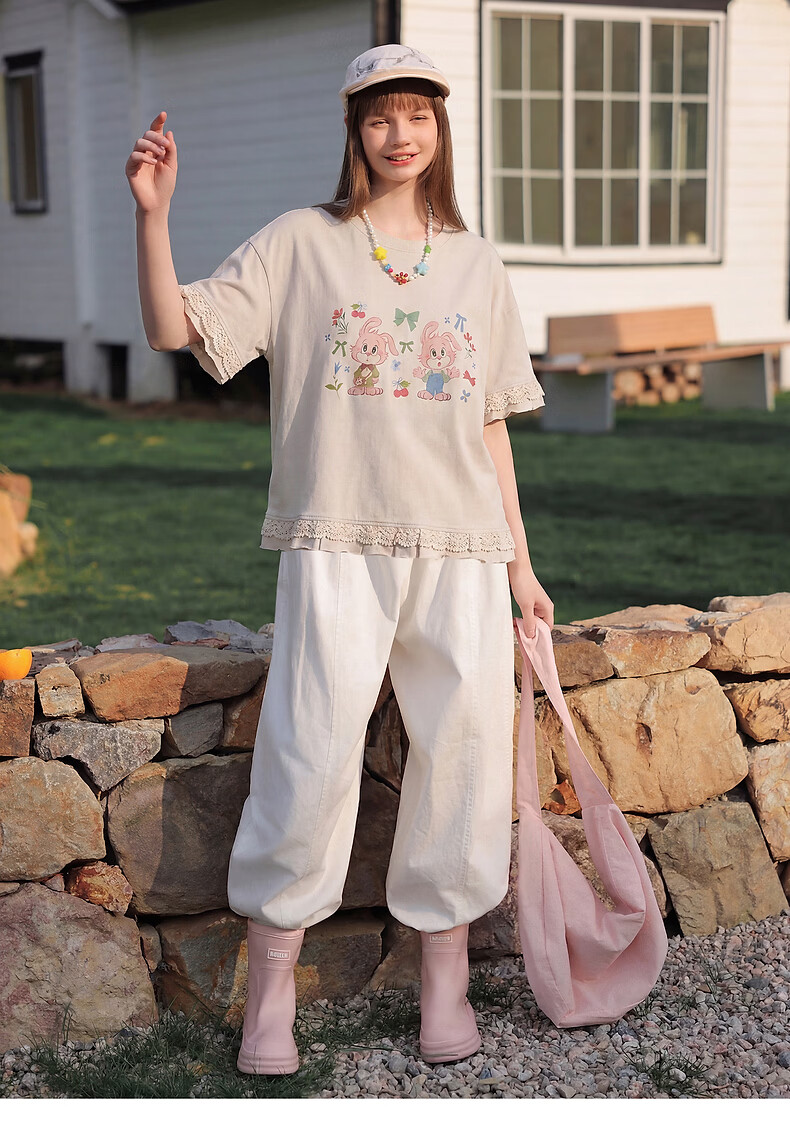 TonLion 2026 Summer Women's Patterned Mid-Length Short Sleeve T-Shirt Loose Casual Versatile Lace Fashion High-End Women's T-Shirt 8