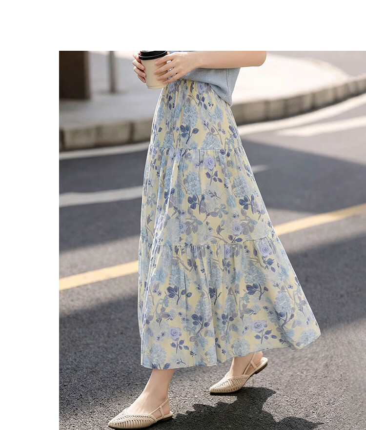 Awakening Paradise 26 Summer Fashion Retro High-Waist Floral Midi Skirt Vacation Style Elegant Long Skirt Blue One Size 9