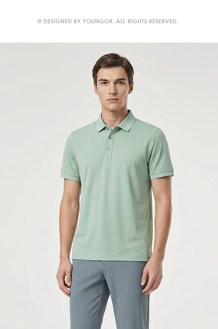 YOUNGOR Short Sleeve Polo Shirt Business Casual Solid Color Machine Washable Mulberry Silk Linen Lapel Light Purple 513144 XL 29