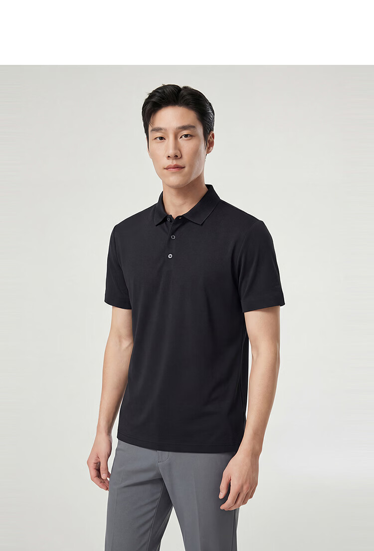 YOUNGOR 【Binba + Machine Washable Mulberry Silk】Summer Men's Short Sleeve Polo Business Stretch Collar Black 513143 17