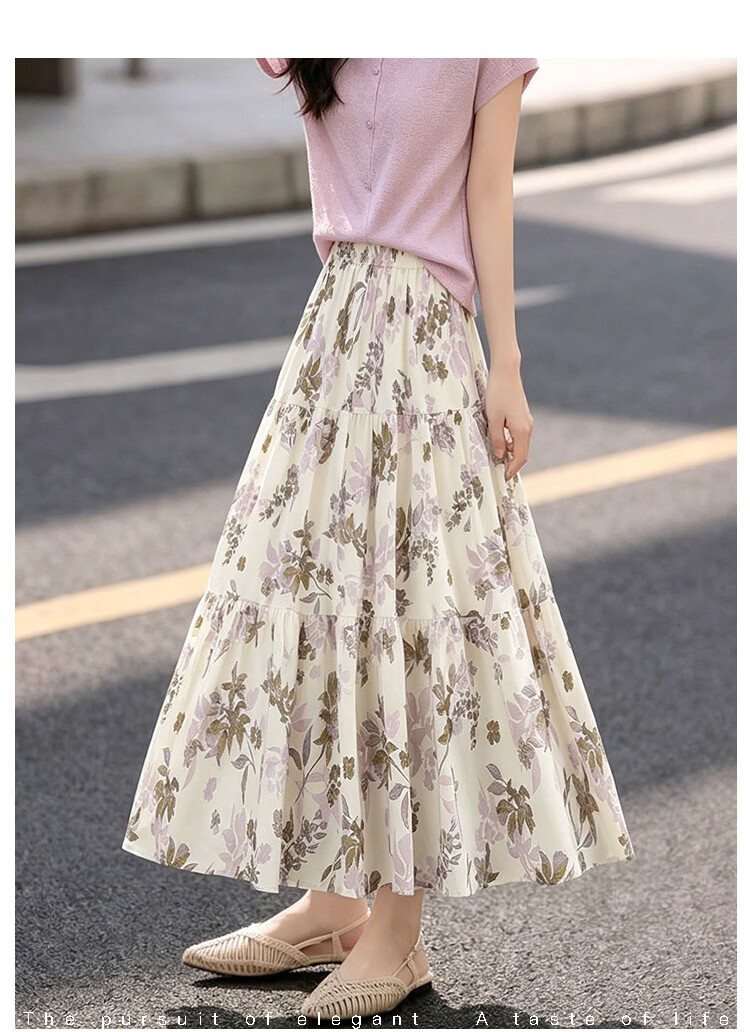 Awakening Paradise 26 Summer Fashion Retro High-Waist Floral Midi Skirt Vacation Style Elegant Long Skirt Blue One Size 10