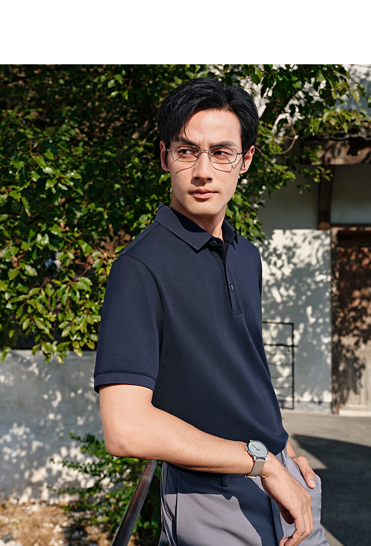 YOUNGOR Short Sleeve Polo Shirt Business Casual Solid Color Machine Washable Mulberry Silk Linen Lapel Light Purple 513144 XL 17