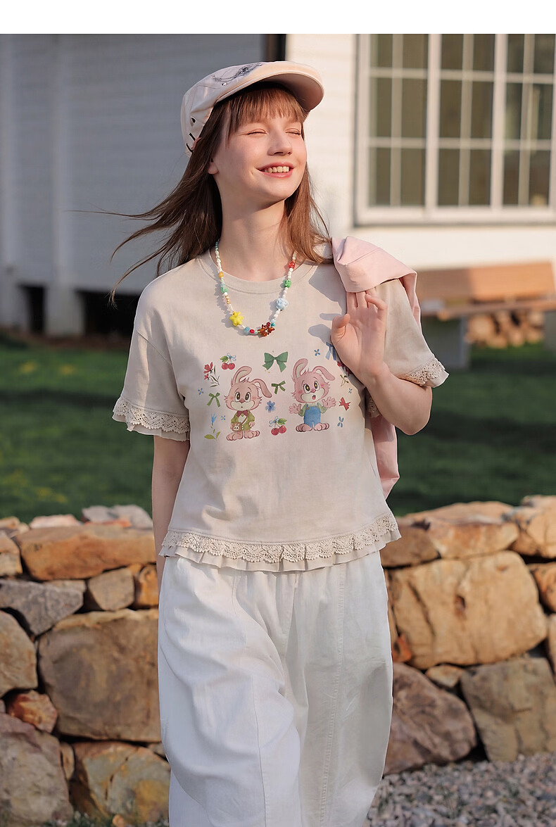 TonLion 2026 Summer Women's Patterned Mid-Length Short Sleeve T-Shirt Loose Casual Versatile Lace Fashion High-End Women's T-Shirt 4