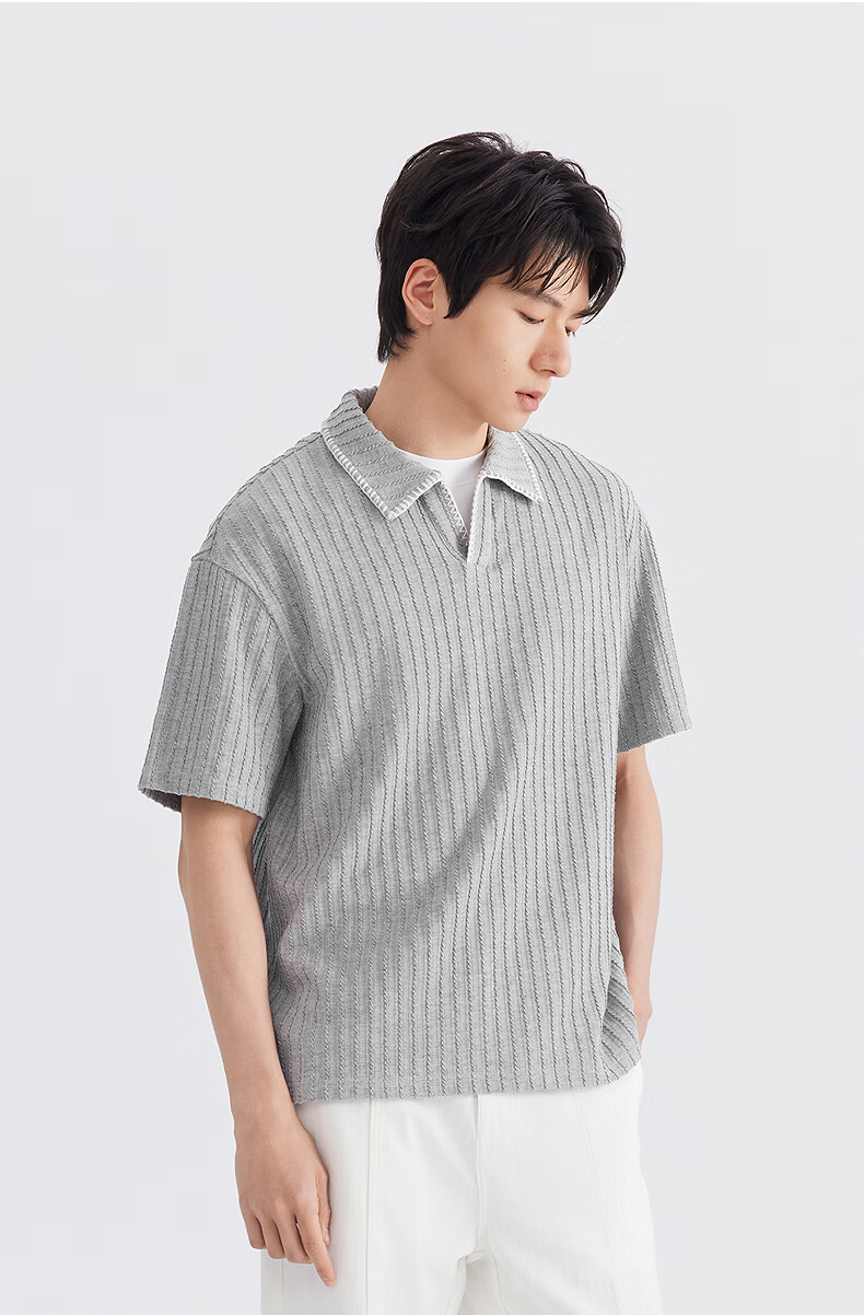 GXG Men's Mid-Weight Knit Lapel Short Sleeve Polo Shirt V-Neck Striped Texture 2026 Summer New Arrival 8