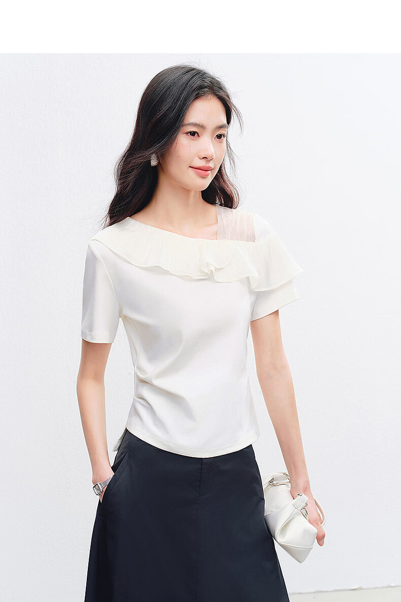 Yixiang Liying Ruffle Short Sleeve T-Shirt Women 2026 Summer New Mesh Splice Top Ink Black S 14