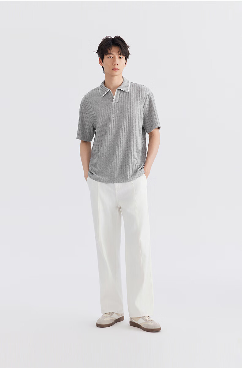 GXG Men's Mid-Weight Knit Lapel Short Sleeve Polo Shirt V-Neck Striped Texture 2026 Summer New Arrival 7