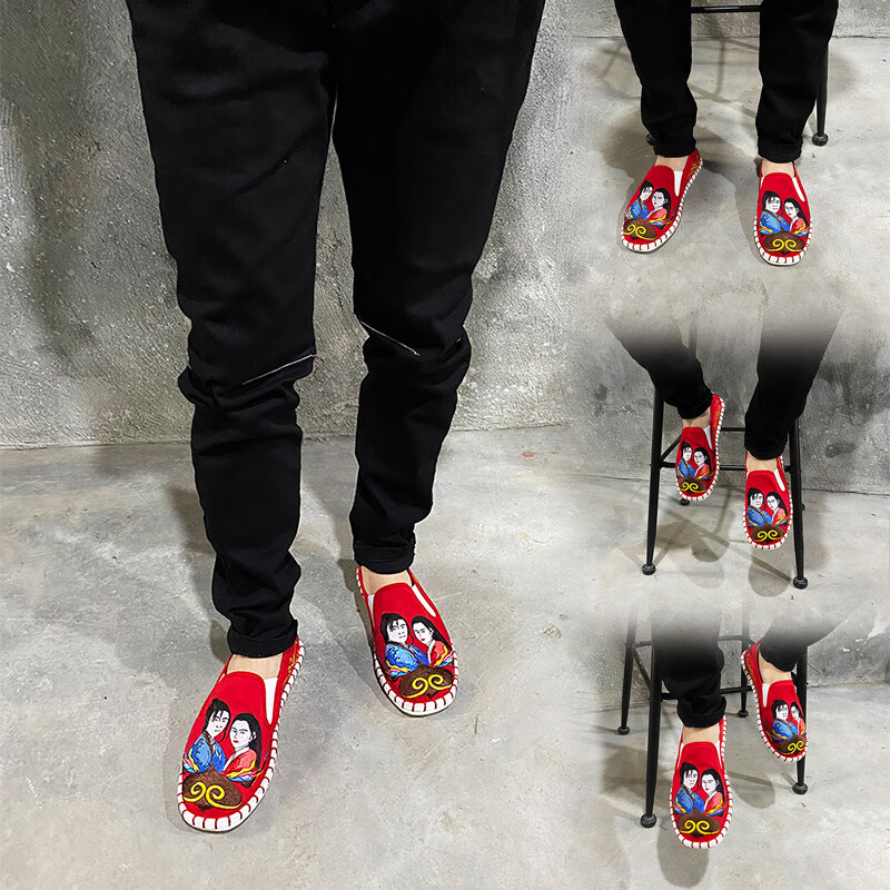 宇将军同款豆豆鞋 社会人手工老北京布鞋男牛筋底刺绣花韩版国风豆豆