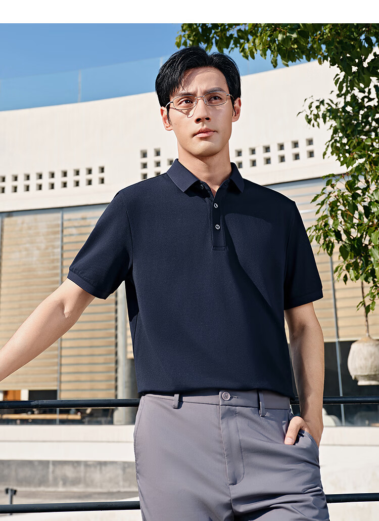 YOUNGOR Short Sleeve Polo Shirt Business Casual Solid Color Machine Washable Mulberry Silk Linen Lapel Light Purple 513144 XL 23