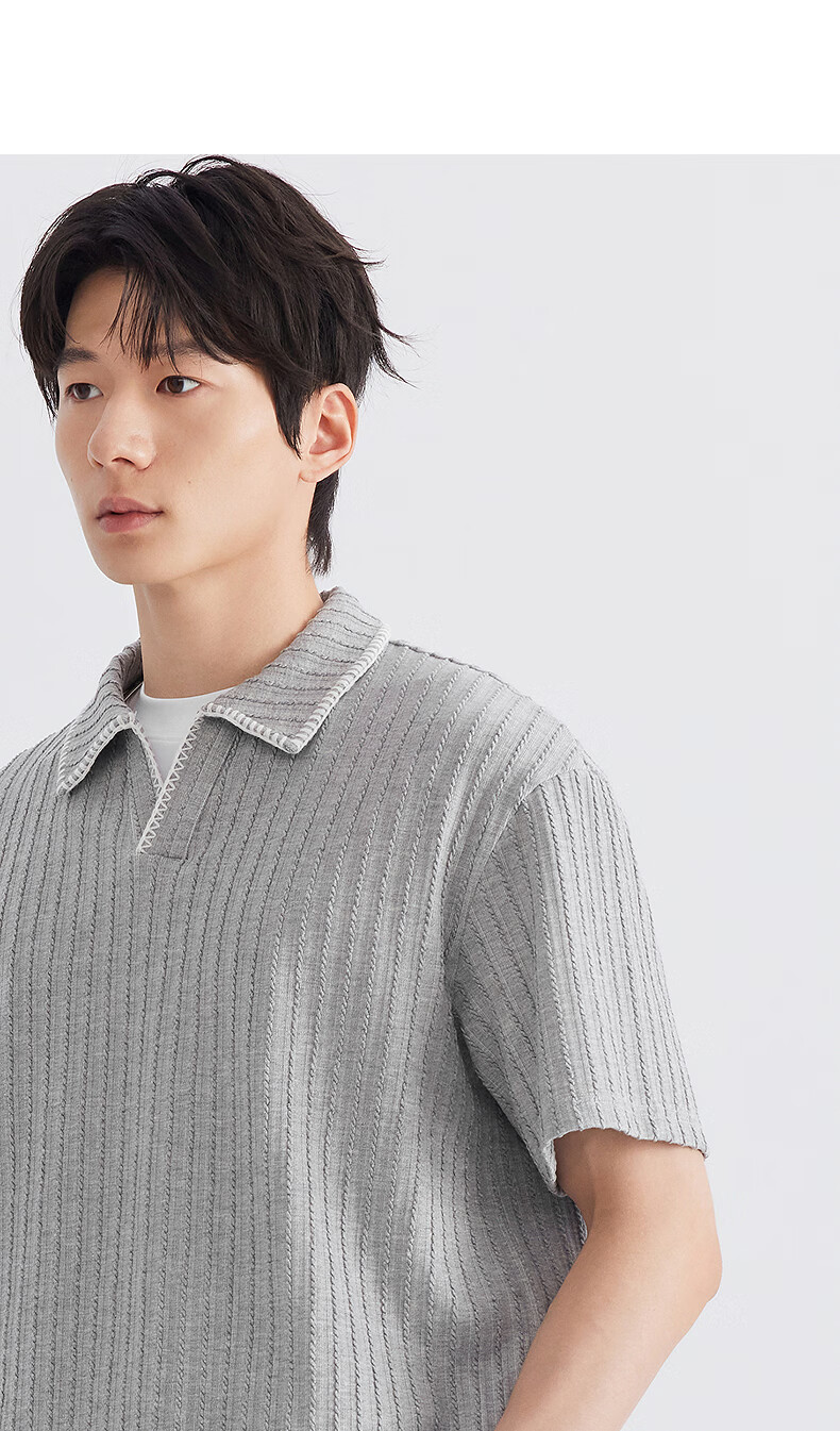 GXG Men's Mid-Weight Knit Lapel Short Sleeve Polo Shirt V-Neck Striped Texture 2026 Summer New Arrival 4