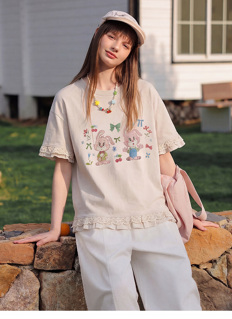 TonLion 2026 Summer Women's Patterned Mid-Length Short Sleeve T-Shirt Loose Casual Versatile Lace Fashion High-End Women's T-Shirt 9