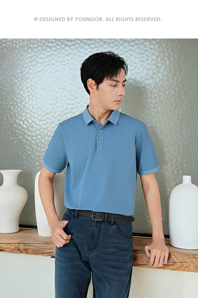 YOUNGOR Short Sleeve Polo Shirt Business Casual Solid Color Machine Washable Mulberry Silk Linen Lapel Light Purple 513144 XL 25