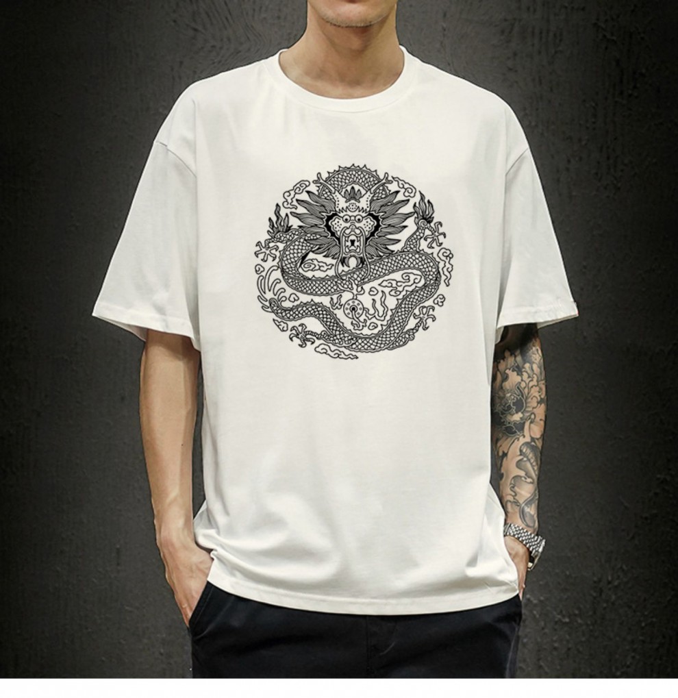 带龙图案的男衣服潮龙纹t恤虎中国风水墨画五爪金龙皇帝图腾龙印花潮
