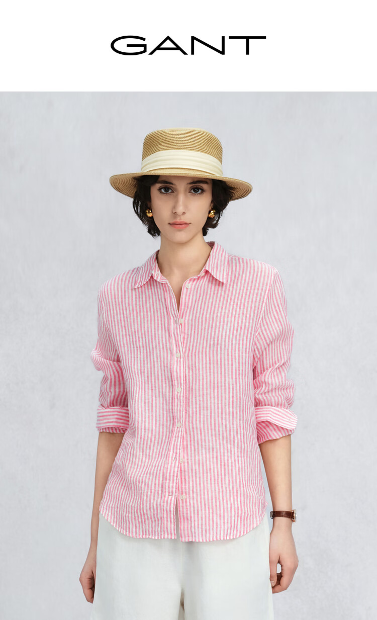 GANT Women's Spring Summer Pure Linen Striped Shirt Vintage Old Coin Style Long Sleeve Shirt 990-Light Blue Stripes L 1