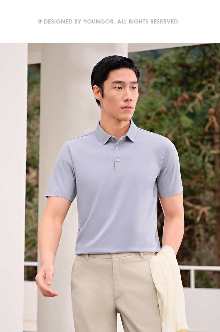YOUNGOR 【Binba + Machine Washable Mulberry Silk】Summer Men's Short Sleeve Polo Business Stretch Collar Black 513143 29