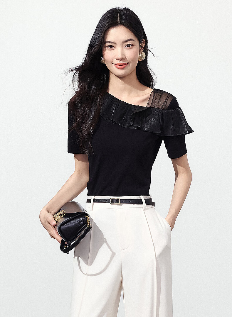 Yixiang Liying Ruffle Short Sleeve T-Shirt Women 2026 Summer New Mesh Splice Top Ink Black S 2