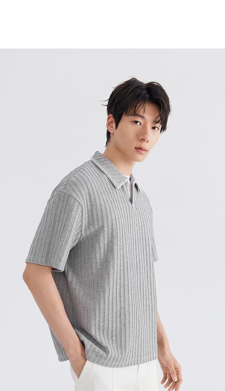 GXG Men's Mid-Weight Knit Lapel Short Sleeve Polo Shirt V-Neck Striped Texture 2026 Summer New Arrival 6