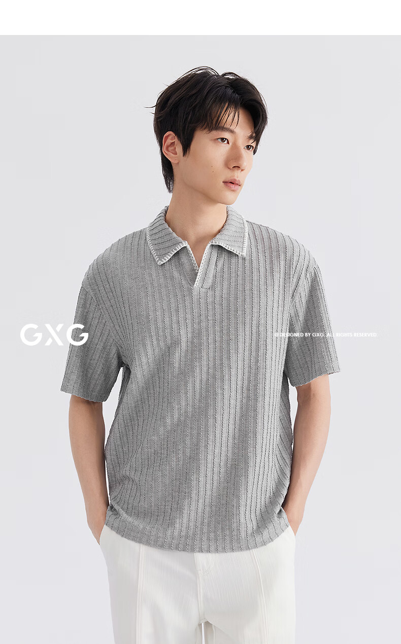 GXG Men's Mid-Weight Knit Lapel Short Sleeve Polo Shirt V-Neck Striped Texture 2026 Summer New Arrival 1
