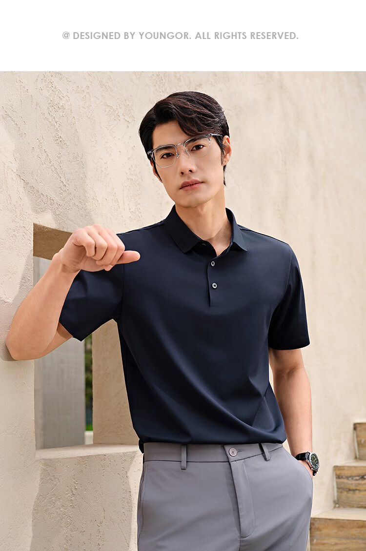 YOUNGOR 【Binba + Machine Washable Mulberry Silk】Summer Men's Short Sleeve Polo Business Stretch Collar Black 513143 25
