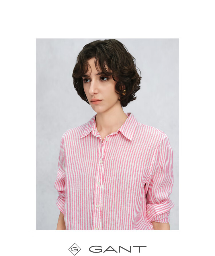 GANT Women's Spring Summer Pure Linen Striped Shirt Vintage Old Coin Style Long Sleeve Shirt 990-Light Blue Stripes L 4