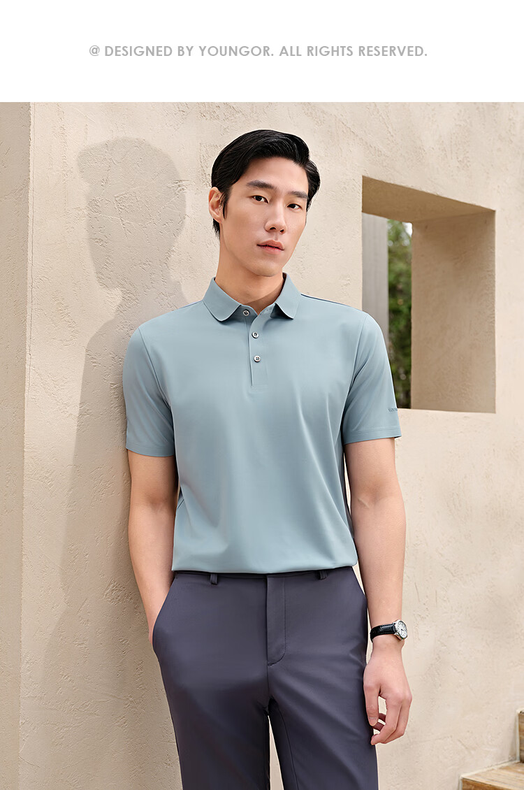 YOUNGOR 【Binba + Machine Washable Mulberry Silk】Summer Men's Short Sleeve Polo Business Stretch Collar Black 513143 27