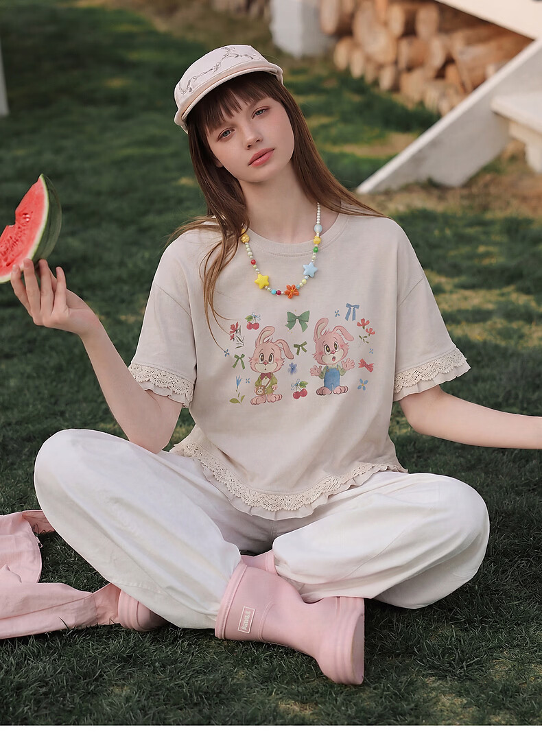 TonLion 2026 Summer Women's Patterned Mid-Length Short Sleeve T-Shirt Loose Casual Versatile Lace Fashion High-End Women's T-Shirt 7