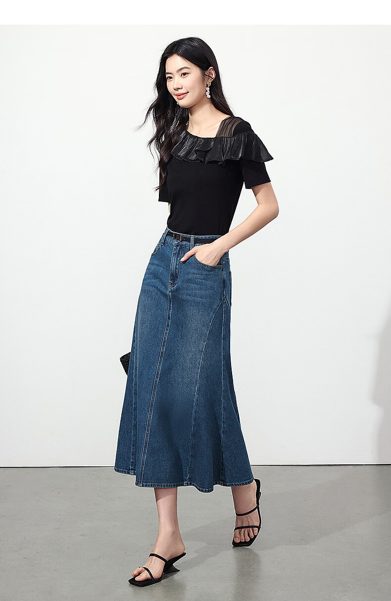 Yixiang Liying Ruffle Short Sleeve T-Shirt Women 2026 Summer New Mesh Splice Top Ink Black S 26