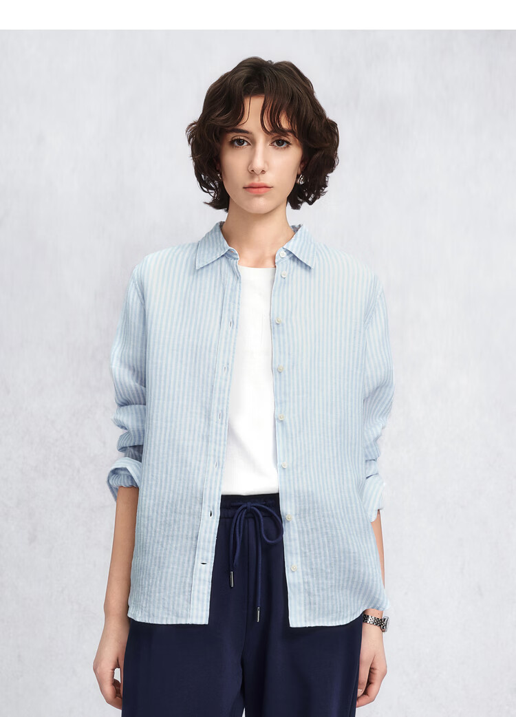 GANT Women's Spring Summer Pure Linen Striped Shirt Vintage Old Coin Style Long Sleeve Shirt 990-Light Blue Stripes L 5