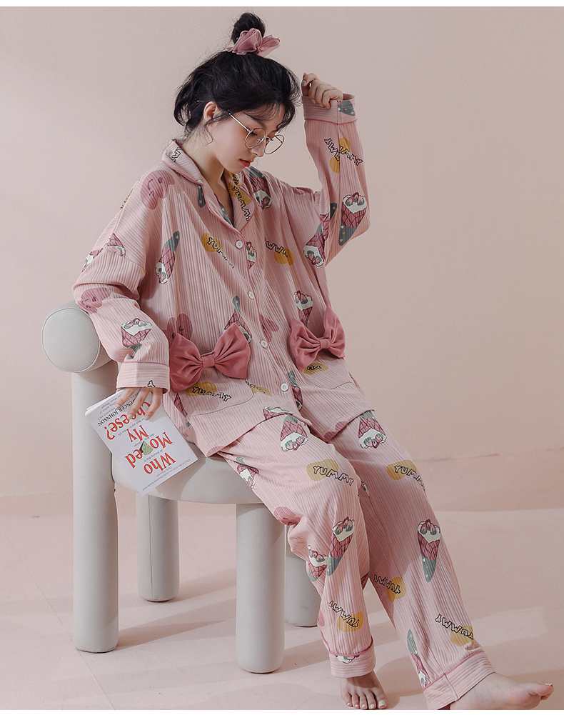 北极绒bejirog睡衣春秋款女2021年新款草莓冰淇淋蝴蝶结秋季少女家居