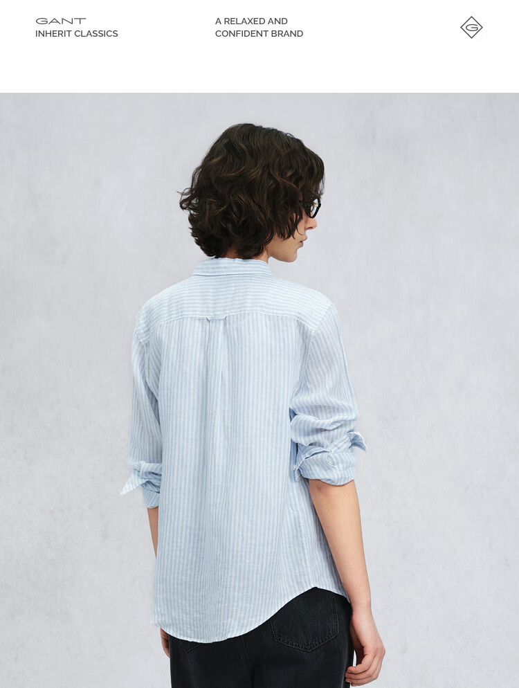 GANT Women's Spring Summer Pure Linen Striped Shirt Vintage Old Coin Style Long Sleeve Shirt 990-Light Blue Stripes L 6